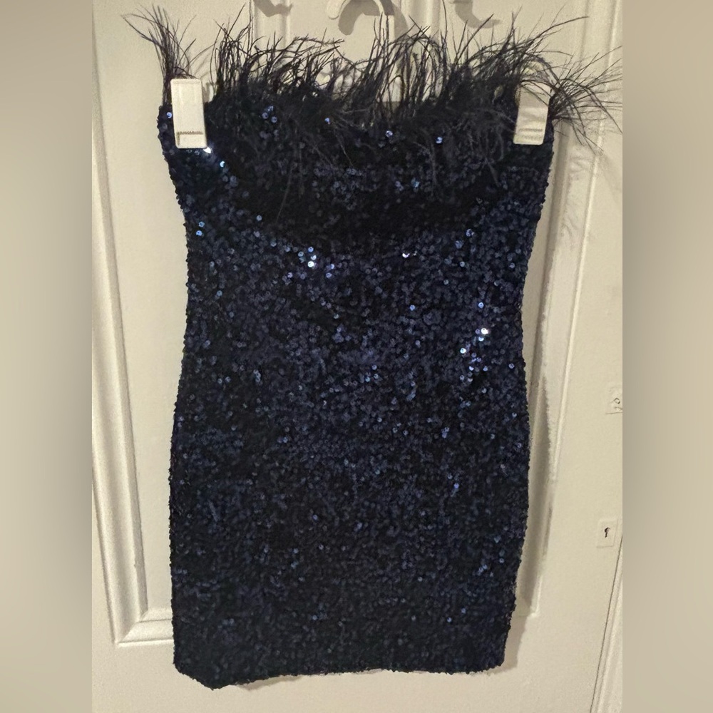B Darlin Midnight Blue Strapless Sequin Dress